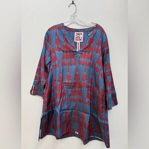 IBU MOVEMENT Ikat Print Long Sleeve Tunic Blouse Top Size Large, Blue/Red